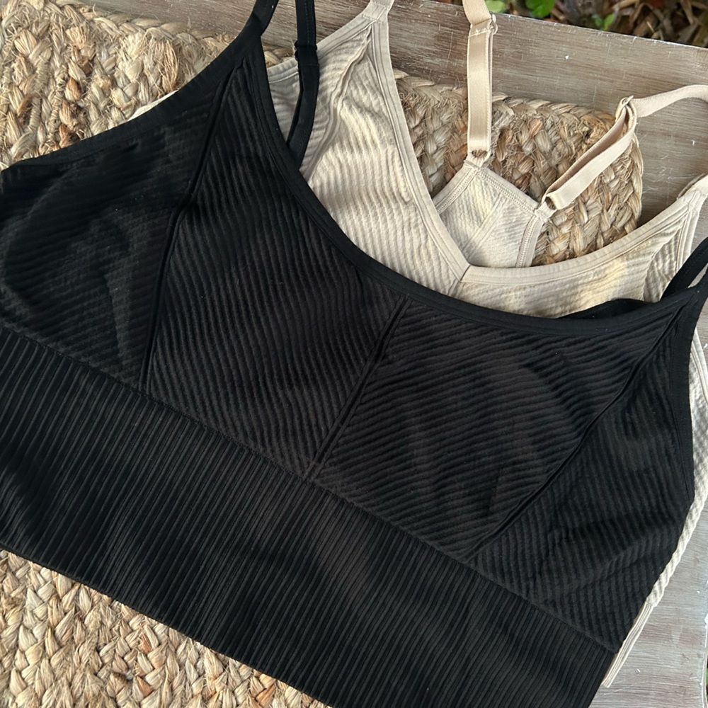 Two (2) Victorias Secret Pink Ribbed Sports Bras Black and Cream